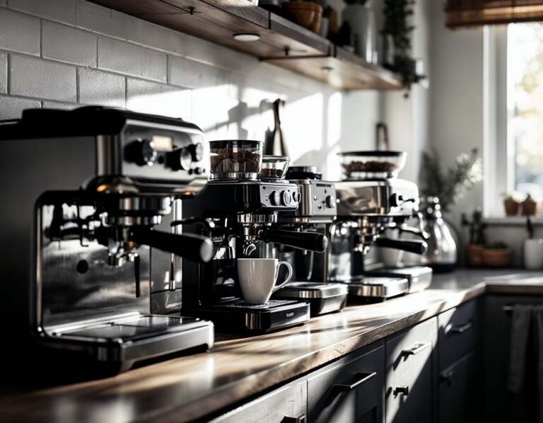 unterschiedliche Kaffeemaschinen im Vergleich nebeneinander auf einer Küchenarbeitsplatte.